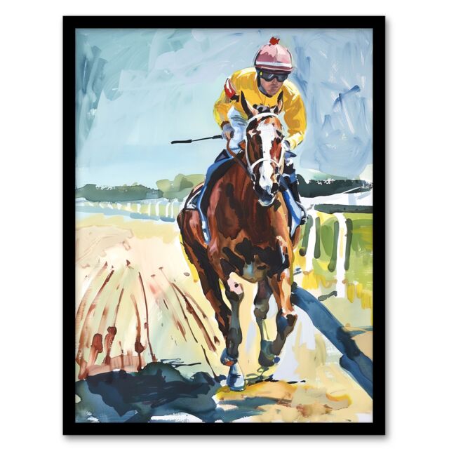 "Artery8 Horse Racing Jockey Artistic Painting Framed Wall Art - Size: W12"" x H16""" - image 1