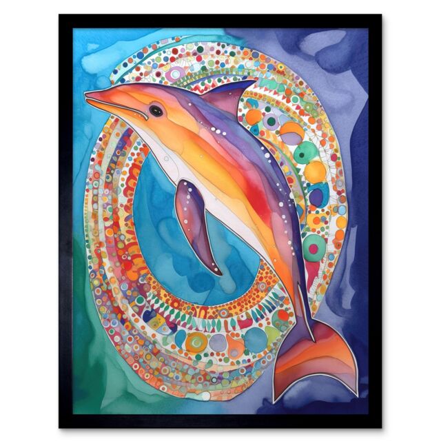 "Artery8 Wall Art Print Rainbow Dolphin & Pattern Hoop Folk Art Watercolour Painting Art Framed in Black - Size: W12"" x H16""" - image 1