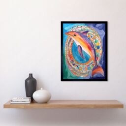 "Artery8 Wall Art Print Rainbow Dolphin & Pattern Hoop Folk Art Watercolour Painting Art Framed in Black - Size: W12"" x H16""" - thumbnail 2
