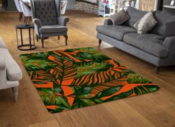 Benjamin Tate Design Green Tropical Leaves On Orange Rug in Natural - Size: Large - thumbnail 2