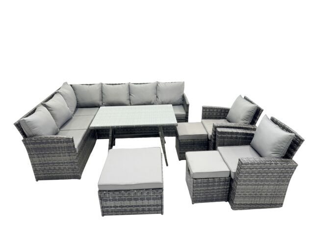 Fimous 11 Seat Patio Oblong Dining Table Corner Sofa Set with 3 Stool 2 Chair in Dark Grey - image 1