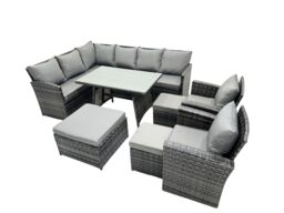 Fimous 11 Seat Patio Oblong Dining Table Corner Sofa Set with 3 Stool 2 Chair in Dark Grey - thumbnail 2