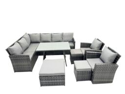 Fimous 11 Seat Patio Oblong Dining Table Corner Sofa Set with 3 Stool 2 Chair in Dark Grey - thumbnail 1