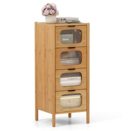 Costway 4-Drawer Dresser Bamboo Storage Cabinet w/Tempered Glass Drawers in Natural