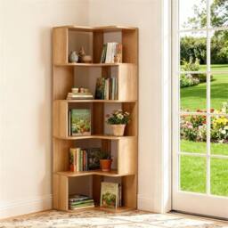 Nordara 5 Tier Wooden Corner Shelf Standing Bookcase Display Storage Shelving in Natural - Size: 100 cm x 15 cm - thumbnail 5