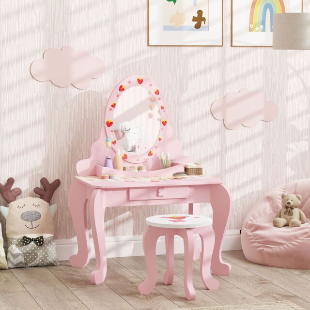 AIYAPLAY Kids Dressing Table Set, 2 PCS Children Vanity Table with Stool in Pink - image 1