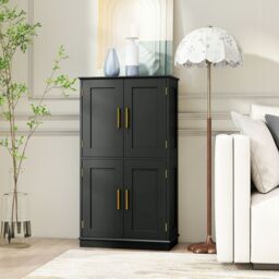 Costway Bathroom Floor Storage Cabinet 110cm Freestanding Pantry Cabinet in Black - thumbnail 4