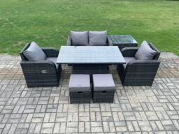 Fimous Outdoor Rattan Garden Furniture Set Height Adjustable Rising lifting Dining Table Love Sofa Chair With Side Table in Dark Grey - thumbnail 2