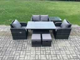 Fimous Outdoor Rattan Garden Furniture Set Height Adjustable Rising lifting Dining Table Love Sofa Chair With Side Table in Dark Grey - thumbnail 1