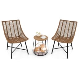 Gymax 3 Piece Outdoor Furniture Set Heavy Duty Patio Chairs With Pet House-Brown in Brown - thumbnail 1