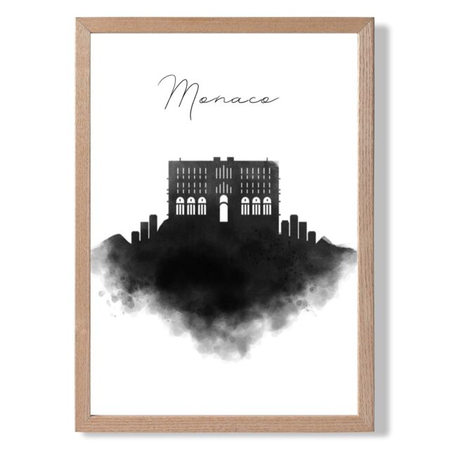 ARTZE Monaco Watercolour Skyline City Framed Print SIZE: A3 with Oak Frame in Black - Size: A4 - image 1