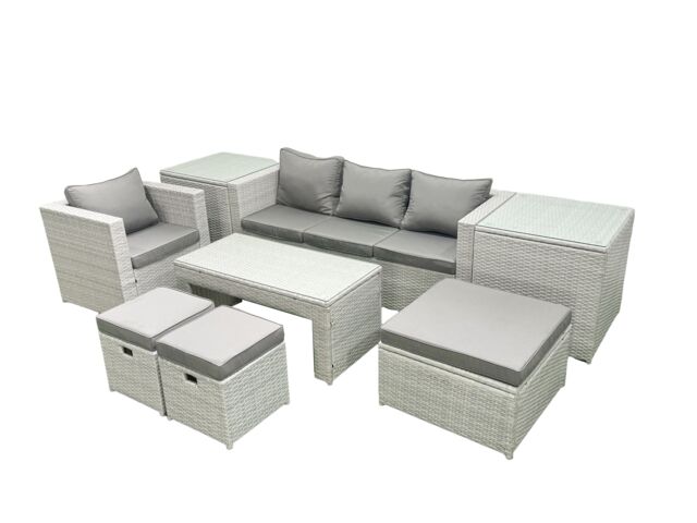 Fimous Rattan Garden Furniture Set Outdoor Lounger Sofa with Coffee Table 3 Footstools 2 Side Tables Light Grey Mixed 7 Seater - image 1