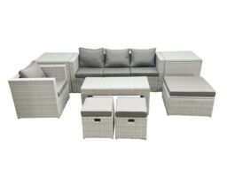 Fimous Rattan Garden Furniture Set Outdoor Lounger Sofa with Coffee Table 3 Footstools 2 Side Tables Light Grey Mixed 7 Seater - thumbnail 2