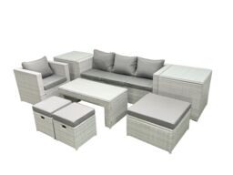 Fimous Rattan Garden Furniture Set Outdoor Lounger Sofa with Coffee Table 3 Footstools 2 Side Tables Light Grey Mixed 7 Seater - thumbnail 1