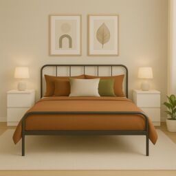 House of Home Double Size Bed Frame Metal Rounded Headboard Easy Assembly Bed Base Storage in Black