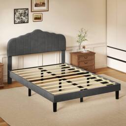 Levede King Upholstered Bed Frame Linen Platform Base Scalloped Headboard in Grey - thumbnail 2