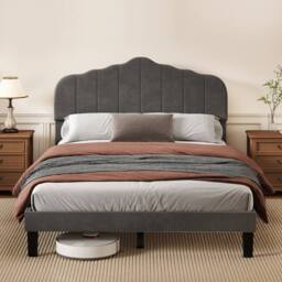 Levede King Upholstered Bed Frame Linen Platform Base Scalloped Headboard in Grey - thumbnail 3