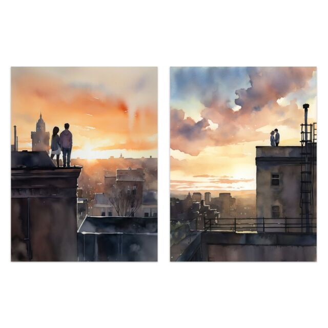 Artery8 Wall Art Print Set of 2 s Rooftop Romance Watercolour Cityscape Bedroom 2 Pack Poster s - Size: A4 - image 1