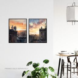 Artery8 Wall Art Print Set of 2 s Rooftop Romance Watercolour Cityscape Bedroom 2 Pack Poster s - Size: A4 - thumbnail 3