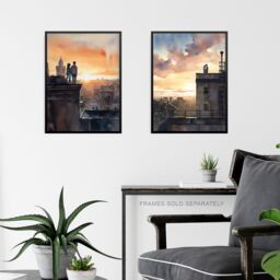 Artery8 Wall Art Print Set of 2 s Rooftop Romance Watercolour Cityscape Bedroom 2 Pack Poster s - Size: A4 - thumbnail 6