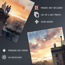 Artery8 Wall Art Print Set of 2 s Rooftop Romance Watercolour Cityscape Bedroom 2 Pack Poster s - Size: A4 - thumbnail 4