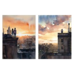 Artery8 Wall Art Print Set of 2 s Rooftop Romance Watercolour Cityscape Bedroom 2 Pack Poster s - Size: A4 - thumbnail 1