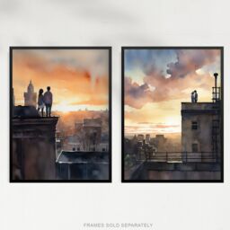 Artery8 Wall Art Print Set of 2 s Rooftop Romance Watercolour Cityscape Bedroom 2 Pack Poster s - Size: A4 - thumbnail 5