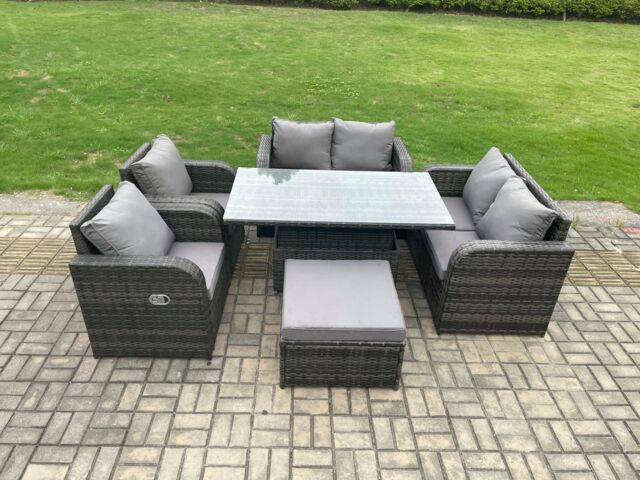 Fimous Rattan Furniture Outdoor Garden Dining Set Patio Height Adjustable Rising lifting Table Love Sofa Chair in Dark Grey - image 1