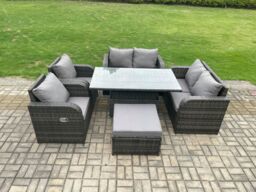 Fimous Rattan Furniture Outdoor Garden Dining Set Patio Height Adjustable Rising lifting Table Love Sofa Chair in Dark Grey - thumbnail 1