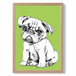 ARTZE Sketch Pug Dog on Bright Green Framed Print SIZE: A2 with Oak Frame