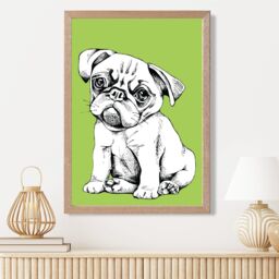 ARTZE Sketch Pug Dog on Bright Green Framed Print SIZE: A2 with Oak Frame - thumbnail 2