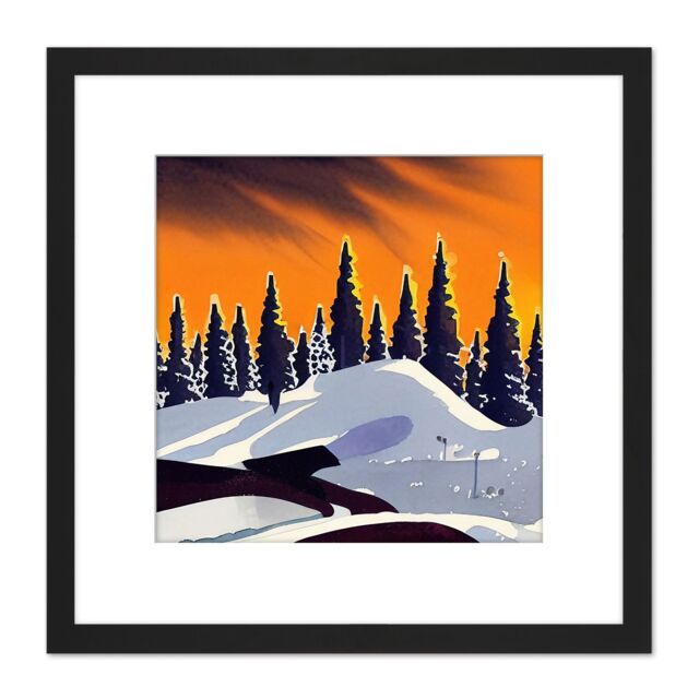 Artery8 Winter Forest Snowy Mountains Landscape Tree Line at Sunset Painting Square Wooden Framed Wall Art Print Picture 8X8 Inch in Black - image 1