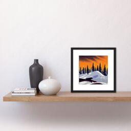 Artery8 Winter Forest Snowy Mountains Landscape Tree Line at Sunset Painting Square Wooden Framed Wall Art Print Picture 8X8 Inch in Black - thumbnail 2