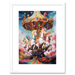 Artery8 Wall Art Print Magical Carousel in Rainbow Clouds Bright Bold Vibrant Fantasy Kids Bedroom Baby Nursery Artwork Framed 9X7 Inch - thumbnail 1