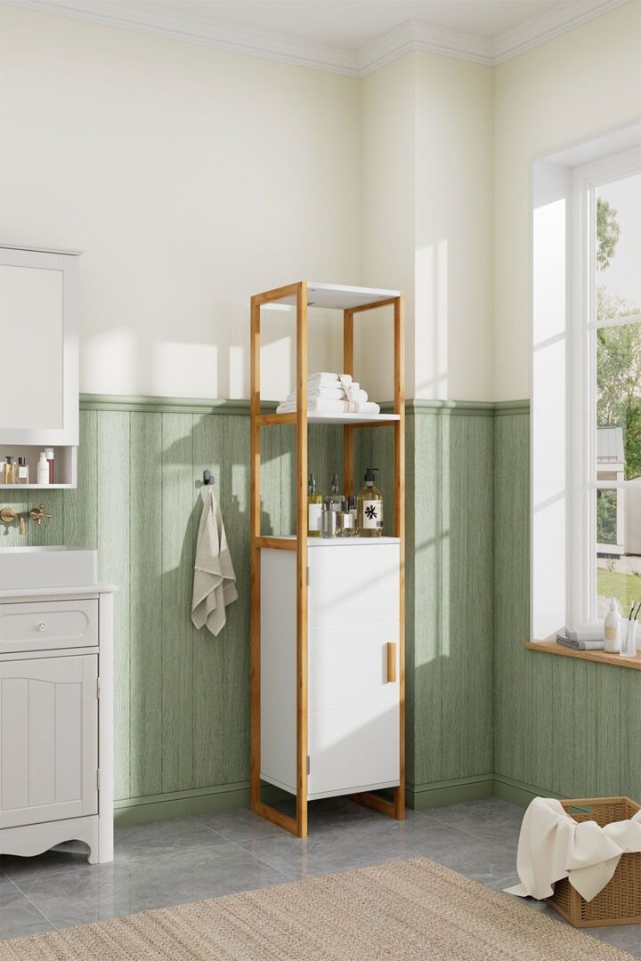 4-Tier Single-door Tall Bathroom Storage Cabinet with L-shaped