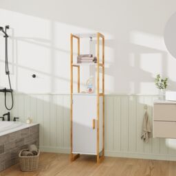 H&O Direct 4-Tier Single-door Tall Bathroom Storage Cabinet with L-shaped Corner Brace in White - thumbnail 1