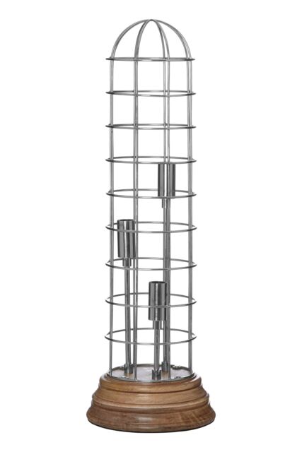 Orsina Large Industrial Table Lamp, Natural Wood Base With Visible Grain, Silver Dome Cage & Exposed Bulb Holder - image 1