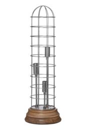 Orsina Large Industrial Table Lamp, Natural Wood Base With Visible Grain, Silver Dome Cage & Exposed Bulb Holder