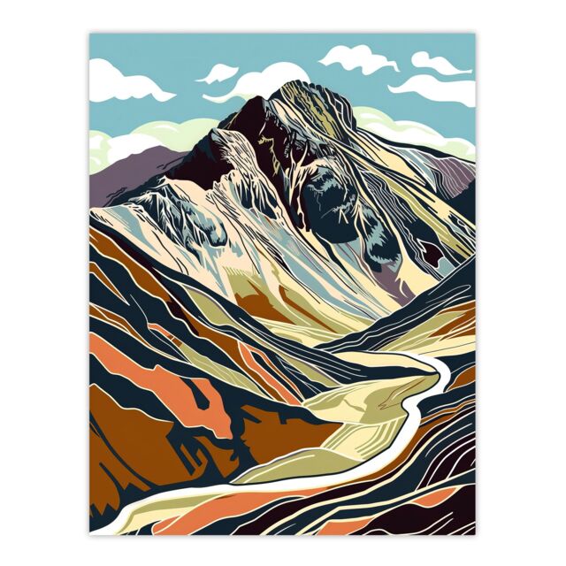 "Artery8 Stylised Scafell Pike Mountain Hiking Cambria Wall Art Print - Size: W24"" x H32""" - image 1