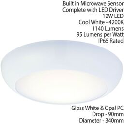 Loops Round LED Ceiling Light & Microwave Motion Sensor 12W Cool White IP65 Bathroom - thumbnail 2