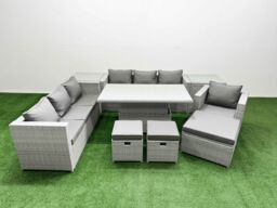 Fimous 8 PCs Rising Dining Table Set Rattan Furniture Set with 3 Seater Sofa in Light Grey - thumbnail 2