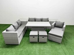 Fimous 8 PCs Rising Dining Table Set Rattan Furniture Set with 3 Seater Sofa in Light Grey - thumbnail 1