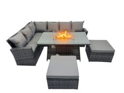 Fimous Poly Rattan Outdoor Patio Gas Firpit Table Sofa Set with 2 Big Stools in Dark Grey - thumbnail 1
