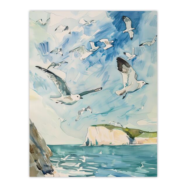 "Artery8 Seagulls Over White Cliffs of Dover UK Coastline Wall Art Print in Blue - Size: W12"" x H16""" - image 1