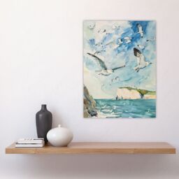 "Artery8 Seagulls Over White Cliffs of Dover UK Coastline Wall Art Print in Blue - Size: W12"" x H16""" - thumbnail 4