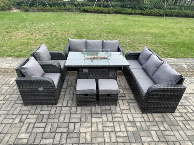 Fimous Garden Patio Furniture Wicker Rattan Gas Fire Pit Table & Sofa Chair set with 2 Small Footstools in Dark Grey - image 1