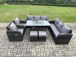 Fimous Garden Patio Furniture Wicker Rattan Gas Fire Pit Table & Sofa Chair set with 2 Small Footstools in Dark Grey - thumbnail 1