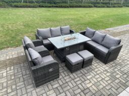 Fimous Garden Patio Furniture Wicker Rattan Gas Fire Pit Table & Sofa Chair set with 2 Small Footstools in Dark Grey - thumbnail 3
