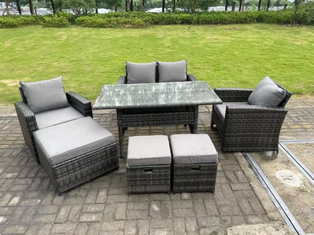 Fimous 7 Seater Grey Mixed High Back Rattan Sofa Set Dining Table Garden Furniture Outdoor in Dark Grey