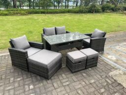 Fimous 7 Seater Grey Mixed High Back Rattan Sofa Set Dining Table Garden Furniture Outdoor in Dark Grey - thumbnail 3